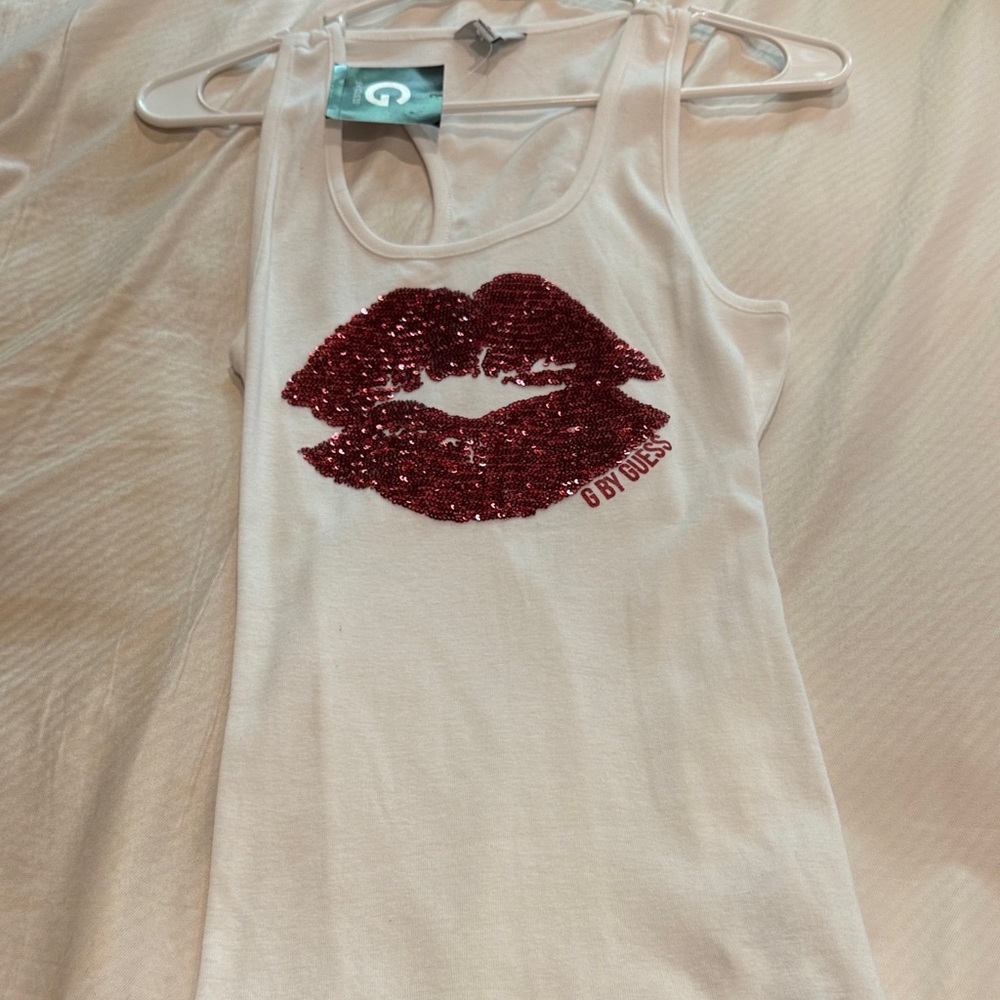 G by Guess White Tank with Red Sequin Kiss Graphic